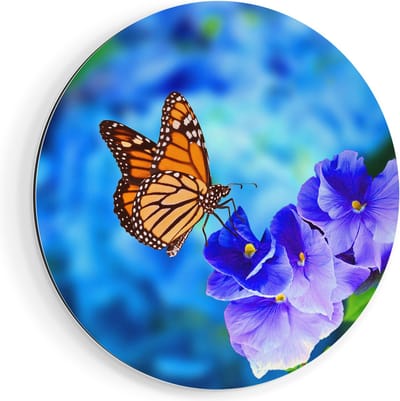 Artaza Dibond Muurcirkel Oranje Vlinder Bij Paarse Bloemen - Ø 60 cm - Wandcirkel - Rond Schilderij - Voor Binnen en Buiten