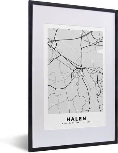 Fotolijst incl. Poster Zwart Wit- Zwart Wit – België – Plattegrond – Stadskaart – Kaart – Halen - 40x60 cm - Posterlijst