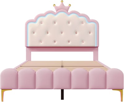 Gestoffeerd bed, 140 x 200 cm, met lattenbodem (matras niet inbegrepen), sfeerverlichting met afstandsbediening, prinsessendesign, PU-materiaal, roze.