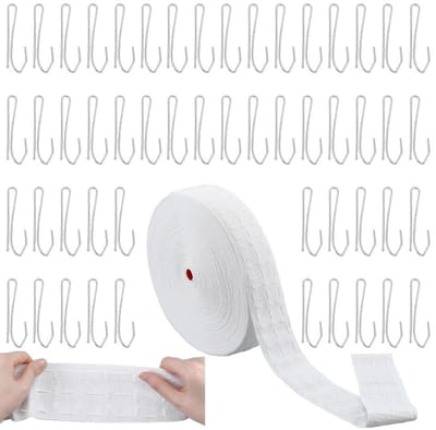 Gordijnband 10 m, wit, 7,5 cm met 50 ijzeren haken voor gordijnen, vouwgordijnen en raambekleding