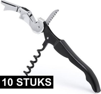 Kurkentrekker 3-in-1 - 10x - rvs metaal - zwart/zilver - 12 cm - wijnflessen