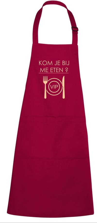 Luxe Keukenschort met Tekst “Kom je bij me eten, V.I.P.” – Cadeau voor Koken & Barbecue – Verstelbaar, Met Voorvak - 75 x 90 cm - kleur: chique granaat
