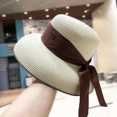 Dames Franse Retro Strooien Zonnehoed met Strikdetail - Hepburn Stijl Elegante Brede Rand UPF 50+ Zonbescherming voor Strandvakantie 56-58cm gray