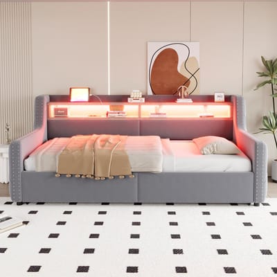 MODENUIT Slaapbank 90x200 cm – Led, stopcontact en usb – Hefopbergruimte – Zonder matras – Fluweel – Lichtgrijs