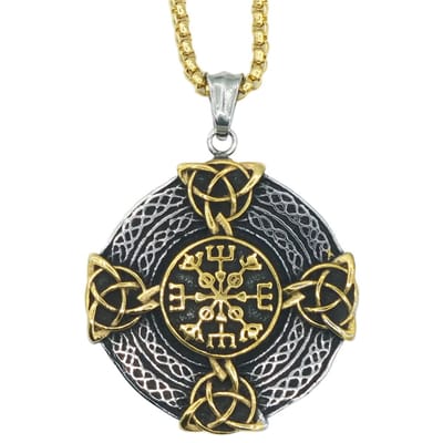 Tesoro Mio Michel - Viking Ketting Met Vikingschild Hanger met Vegvisir & Triquetras – Edelstaal In Kleur Goud & Zilver - L 60 cm, B 3 mm - Hanger 4.9 x 4.9 cm