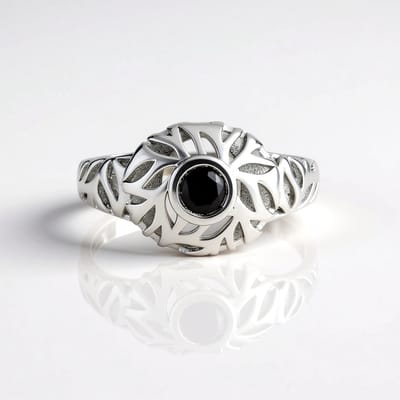 Cavill - Zilveren ring met zwarte diamant 0,27 ct - 925 sterlingzilver met rhodiumlaag - Verstelbare ring maat 17-20 - Elegante ring met bladpatroon