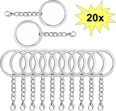 Fako Bijoux - Sleutelringen Met Karabijnsluiting - Sleutelhanger Ringen - Splitringen Met Ketting - RVS - Plat - 25 mm - 20 Stuks