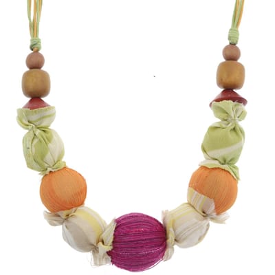 Behave – Ketting – Multicolor – Houten Kralen – Stof Omwikkeld – Bohemian Look