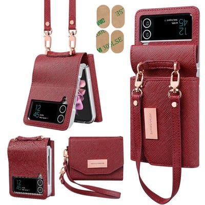 Vietao-Fashion Leren Portemonnee Polsband Handriem Mobiele Telefoonhoes Voor Samsung Galaxy Z Flip 6 Flip 5 Flip 4 Flip 3 Hoes, Rood For Samsung Z Flip 4 brown