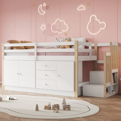Kinderhoogslaper, kinderbed, eenpersoonsbed, multifunctioneel kinderbed, met trap, met laden, met 2 opbergkasten en kledingroede, zonder matras, wit 90*200