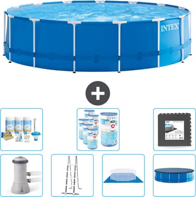 Intex Rond Frame Zwembad - 457 x 122 cm - Blauw - Inclusief Pomp - Ladder - Grondzeil - Afdekzeil Onderhoudspakket - Filters - Vloertegels