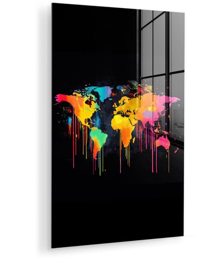 MuchoWow® Glasschilderij 40x60 cm - Schilderij acrylglas - Wereldkaart - Verf - Kleurrijk - Graffiti - Wereld - Foto op glas - Muurdecoratie woonkamer - Wanddecoratie slaapkamer - Schilderijen