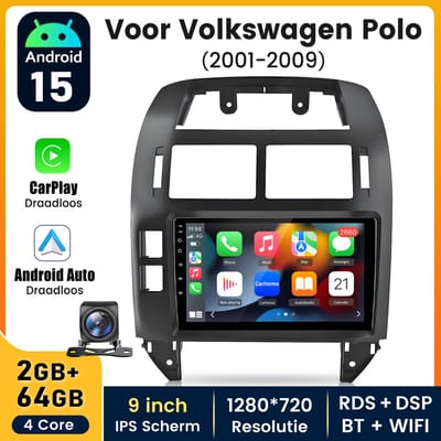HexinexMarket Quad-Core autoradio Geschikt voor VW Polo 2001-2009 - Draadloos CarPlay, Android Auto, GPS Navi, multimediaspeler, Achteruitrijcamera, 2GB+64GB