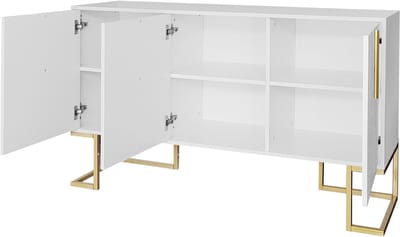 Modern dressoir met 3 deuren, verstelbare planken, U-vormige kastdeuren, metalen handgrepen en plint voor eetkamer en keuken (wit)