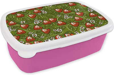 Broodtrommel Roze - Lunchbox - Brooddoos - Bloemen - Aardbei - Bladeren - Vegan - Patronen - 18x12x6 cm - Kinderen - Meisje