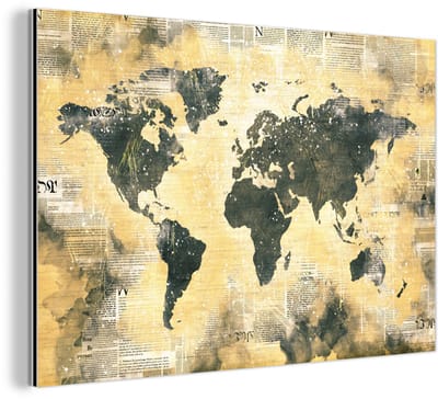 Aluminium schilderij 150x100 cm - Wanddecoratie metaal - Wereldkaart - Grijs - Krant - Metalen muurdecoratie woonkamer - Decoratie industrieel - Foto op dibond - Industriële accessoires slaapkamer