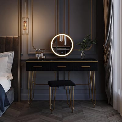 Make-up Tafel met LED Spiegel en Kruk Zwart