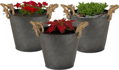 Mega Collections Emmer/plantenpot/bloempot Old Rope - 3x - zink - antraciet - D18 X H18 cm