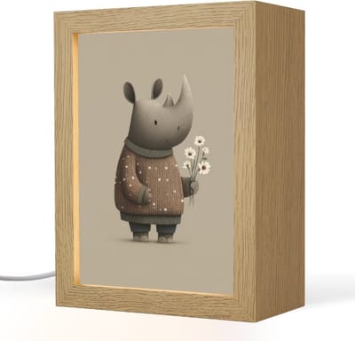 Nachtlampje 15x20 cm - Kinder lampje - Neushoorn - Witte bloemen - Lief - Tafellamp kinderkamer - Slaapkamer lamp - Bedlamp kinderen - Kinderlampje stopcontact - Wandlamp babykamer - Nachtlampjes