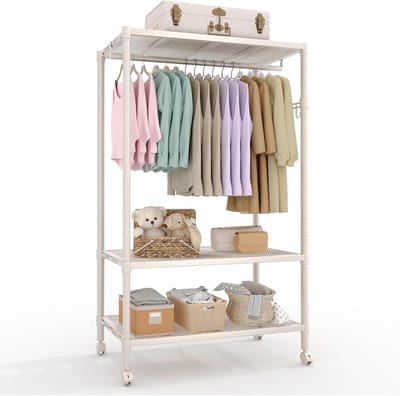 Industrieel Kledingrek Verrijdbaar - 3-in-1 Kledingkast Organizer met Legplanken - Stevig Metalen Rek met Rem - 115 cm Breed - Ash Grijs