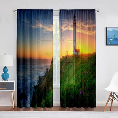 Vuurtoren Zonsopgang Zee Kustlandschap Transparant Voile Gordijn voor Woonkamer Slaapkamer Keuken Modern Tule Raamgordijn Huisdecoratie 1 PCS W100XH250cm&Grommet Top