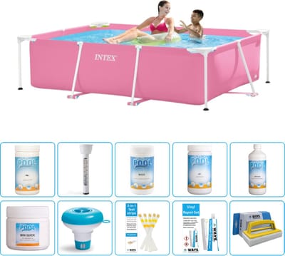 Intex Rechthoekig Frame Zwembad - 220 x 150 x 60 cm - Roze - Inclusief Chloor - Chloordrijver - Testrips - Reparatiesetje - Scrubborstel - PH-min - PH-plus - Thermometer - Anti Alg - 11-delig
