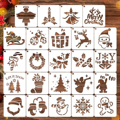 Set van 24 herbruikbare kerst sjablonen voor tekenen met kerstboom, sneeuwvlokken, sneeuwman en rendier motieven