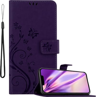 Cadorabo Hoesje geschikt voor Apple iPhone 14 in BLOEMEN DONKER PAARS - Beschermhoes in bloemmotief met magnetische sluiting, standfunctie en kaartsleuven Book Case Cover Etui