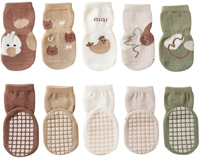 5 paar babysokjes voor meisjes en jongens, dikke, warme wintersokjes met schattige dierenprint, antislip katoenen sokjes voor peuters van 0-1 jaar, S
