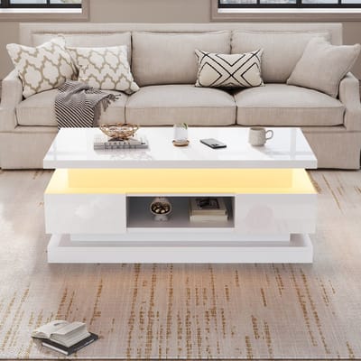 DESMIU Salontafel - In Hoogte Verstelbaar Met Led, Usb En 2 Lades - Voor Woonkamer Met Verborgen Opbergruimte - Spaanplaat - 100x50x40 Cm - Wit