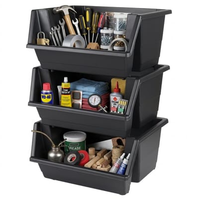 Urban Living Opberg bakken stapelbaar - 3x stuks - 45 x 66 cm - zwart - kunststof - garage / schuur