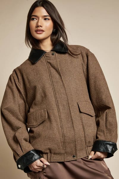 boohoo Dames Oversized Check Wool Look Bomber Jacket | Brown | Maat: 8