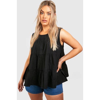 boohoo Dames Plus Tiered Poplin Smock Top | Zwart | Maat: 54