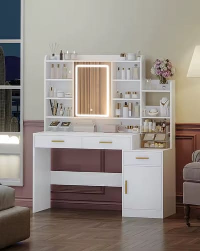 JHA Kaptafel met Spiegel en LED Verlichting – Luxe Make-up Tafel 100 cm met Lades, Kastje & Opbergruimte – Moderne Schminktisch Wit