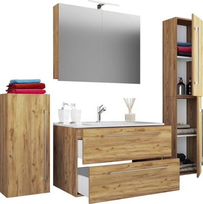 VCM 5-tlg. Set | 1 Waschtisch mit zwei Schubladen, 1 Spiegelschrank, 1 Waschbecken, 1 Midischrank, 1 Hochschrank | Keramik Waschbecken | hängend Unterschrank 80 cm | Badmöbel Set Waschplatz – Badinos