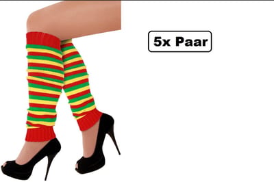5x Paar Beenwarmers smalle streep rood/geel/groen - Carnaval thema feest party festival Limburg fun