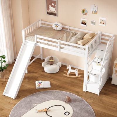 Wishdor - Hoogslaper - Met Glijbaan En Opbergtrap - Loftontwerp - Grenenhout En MDF - Wit - 90 X 200 Cm