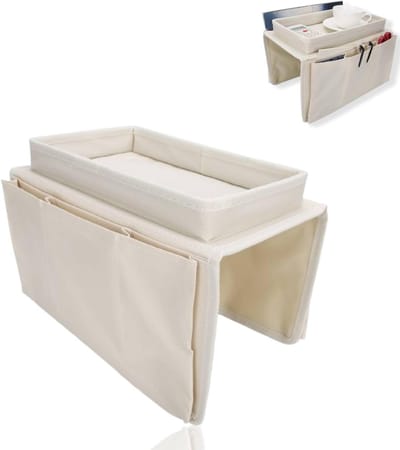 Sofa Armleuning Organizer met Opbergruimte voor TV-afstandsbediening, Mobiele Telefoon en Boeken - Beige Kleur