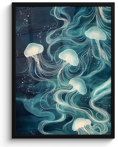 Poster in lijst - Fotolijst 50x70 cm - Posters - Kwallen - Zee - Wit - Golven - Posterlijst zwart - Decoratie - Wanddecoratie woonkamer - Muurdecoratie slaapkamer