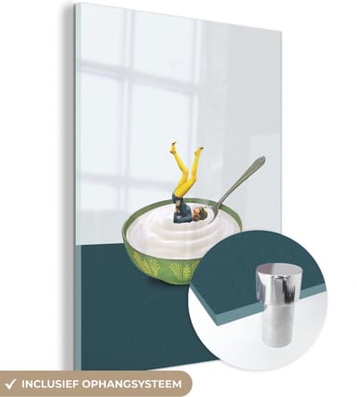 MuchoWow® Glasschilderij 30x40 cm - Schilderij acrylglas - Yoghurt - Yoga - Retro - Foto op glas - Schilderijen