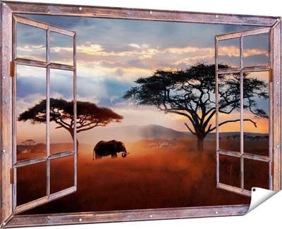 Gards Tuinposter Doorkijk Olifant in het Wild - Savanne - 180x120 cm - Tuindoek - Tuindecoratie - Wanddecoratie buiten - Tuinschilderij