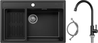 Anycee Max Granieten Spoelbakken (70x46CM) - Spoelbak Keuken Met Koud water Keukenkraan - Wasbak Keuken Met Waterafvoersysteem en Afdruiprek - Zwart