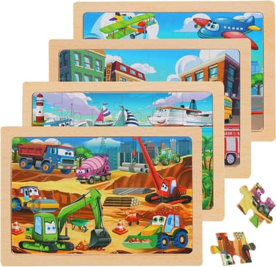 Houten Legpuzzels - Kinderpuzzels Educatief - Ontwikkelen Fijne Motoriek - Inclusief Houten Dienblad - 4 Sets 24 Stuks - Voertuig Thema
