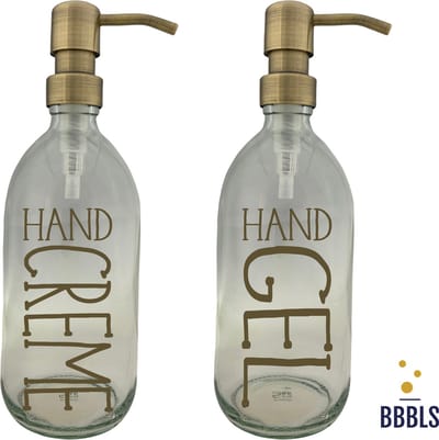 BBBLS® Design Dispenser Giftset "Handgel Zeep" | Transparant Glas | 500ml | RVS / Metaal Pomp Goud | Zeeppomp | Zeepdispenser | Zeephouder