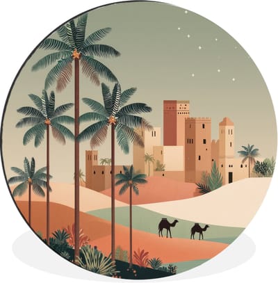 WallCircle - Wandcirkel - Muurcirkel - Nachtlandschap - Kamelen - Sterren - zandduinden - Aluminium - Dibond - 30x30 cm - Binnen en Buiten