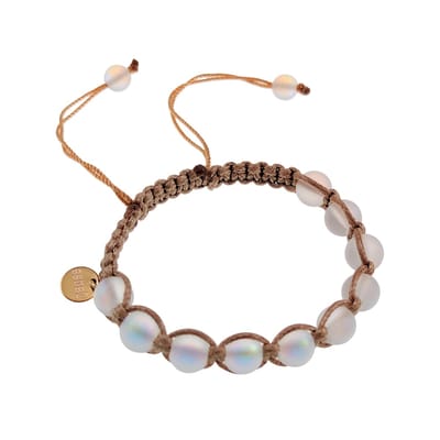 16cm tot 19cm Armband Dames - Lichtbruin Nylon Macramé Armband met Mat Witte Kristallen - Maansteen-Design Shamballa-Armband
