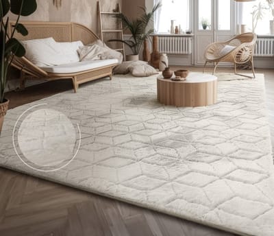 Flycarpets Zacht fluffy vloerkleed - Arinzo Geo Crème - 160x220 cm - Hoogpolig Tapijt Woonkamer / Slaapkamer / Kinderkamer