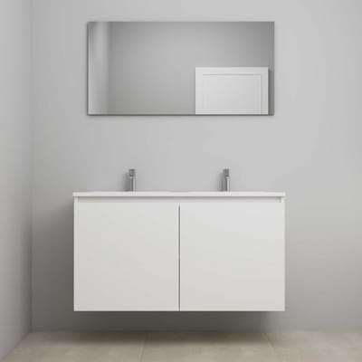 On-Line Badkamermeubelset - 120 cm - Voorgemonteerd - Greeploos 2 Deuren - Acryl Wastafel - 2 Kraangaten - Spiegel - Hoogglans Wit