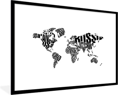 Poster in lijst - Fotolijst 90x60 cm - Posters - Wereldkaart - Zwart - Wit - Woorden - Kind - Jongen - Meisje - Posterlijst zwart - Decoratie - Wanddecoratie woonkamer - Muurdecoratie slaapkamer