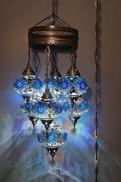 Turkse hanglamp - mozaïek glas blauw - 7 bollen - handgemaakt en uniek